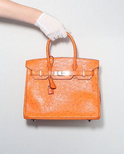 Birkin 30 Ostrich Skin in Orange, front view